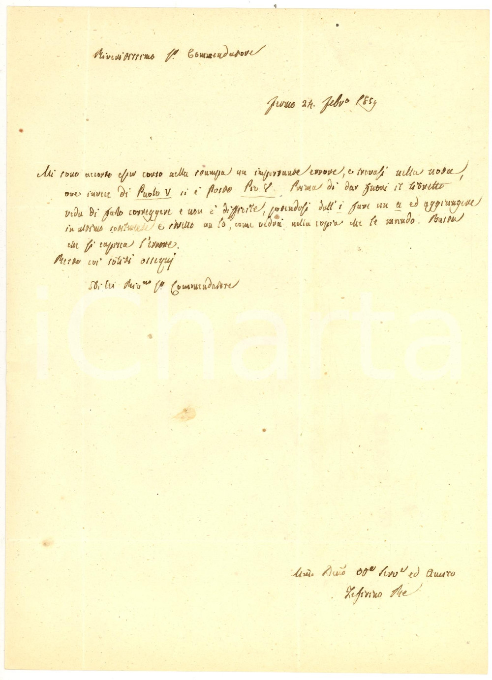 Autografo originale 1859 FERMO Zeffirino RE chiede di correggere un errore di stampa *Autografo 1