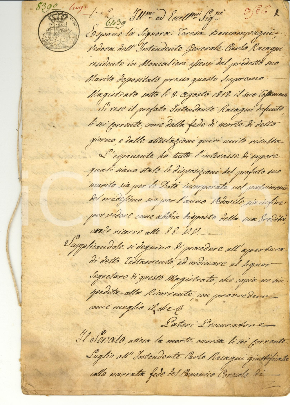 Documento originale, autentico 1819 MONCALIERI TO Testamento dell Intendente Carlo RACCAGNI 20 pp 1