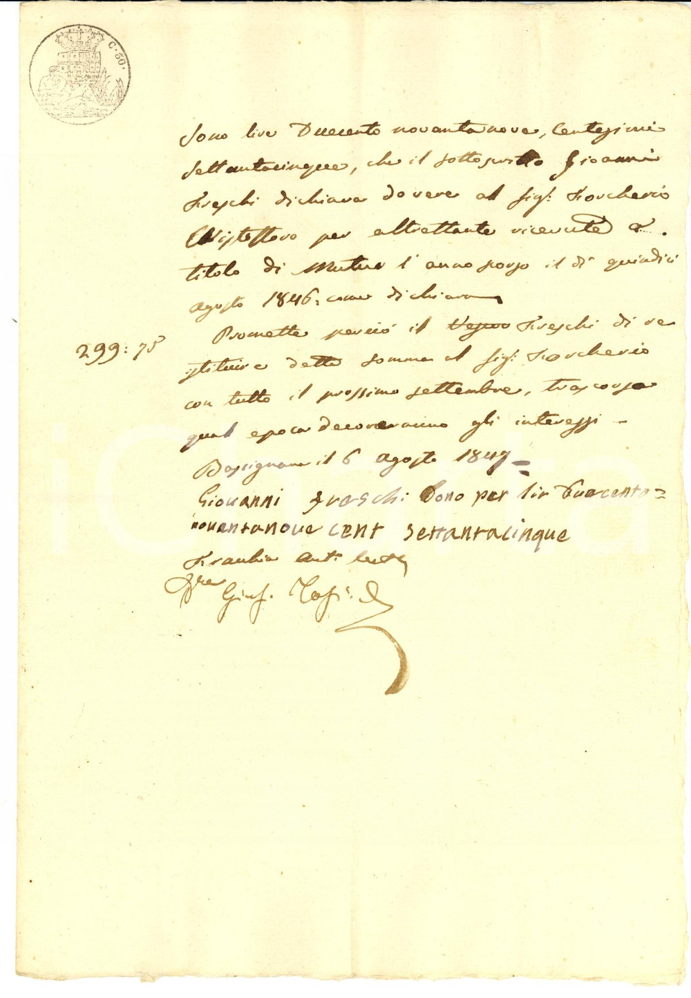 Documento originale, autentico 1847 BASSIGNANA AL Giovanni FRESCHI debitore di Cristoforo ROSCHERIO 1