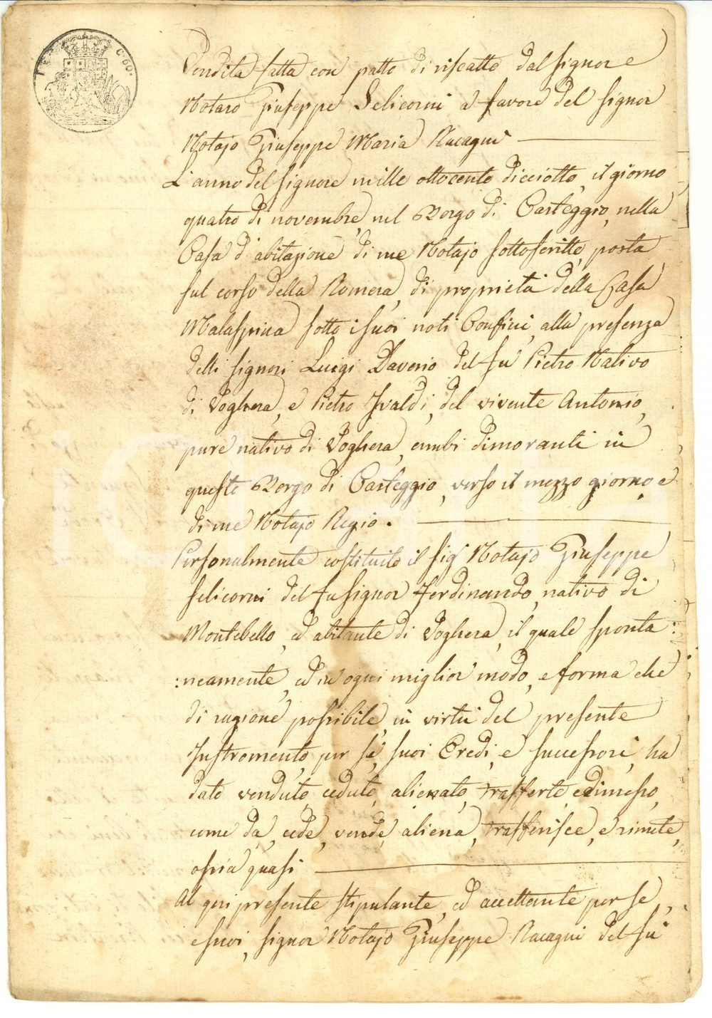 Documento originale, autentico 1818 TORRAZZA COSTE PV Giuseppe SELICORNI vende proprietà  IL PRAGONE 1