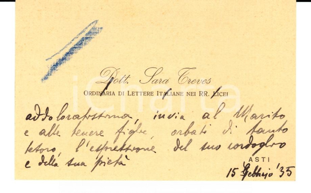 Autografo originale 1935 ASTI Biglietto autografo prof.ssa Sara TREVES 1