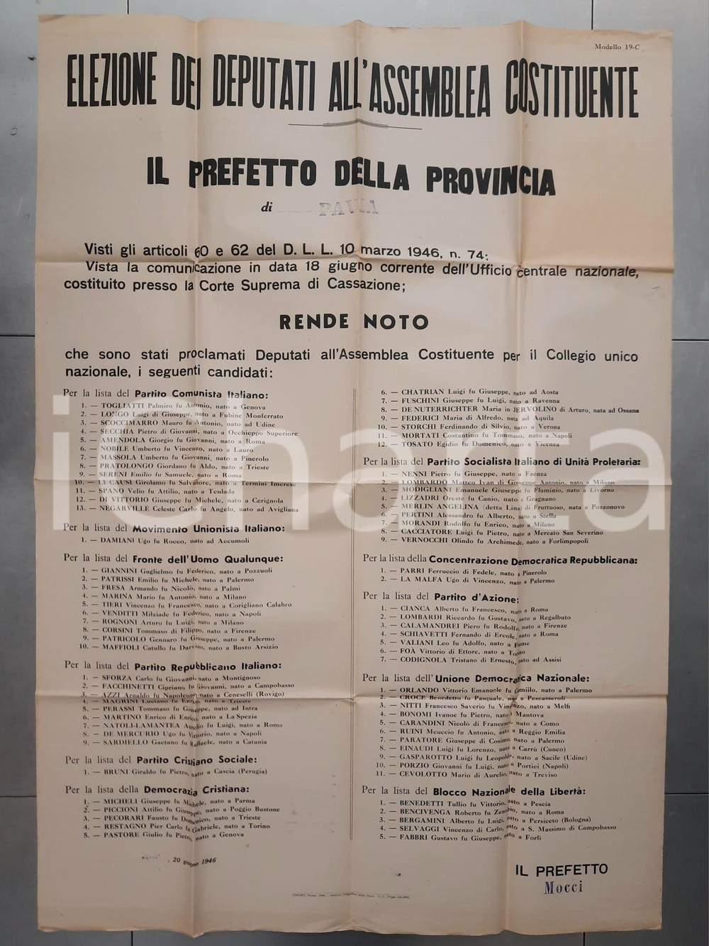 Documento originale, autentico 1946 PAVIA Lista deputati eletti all'ASSEMBLEA COSTITUENTE Manifesto 80x120 1