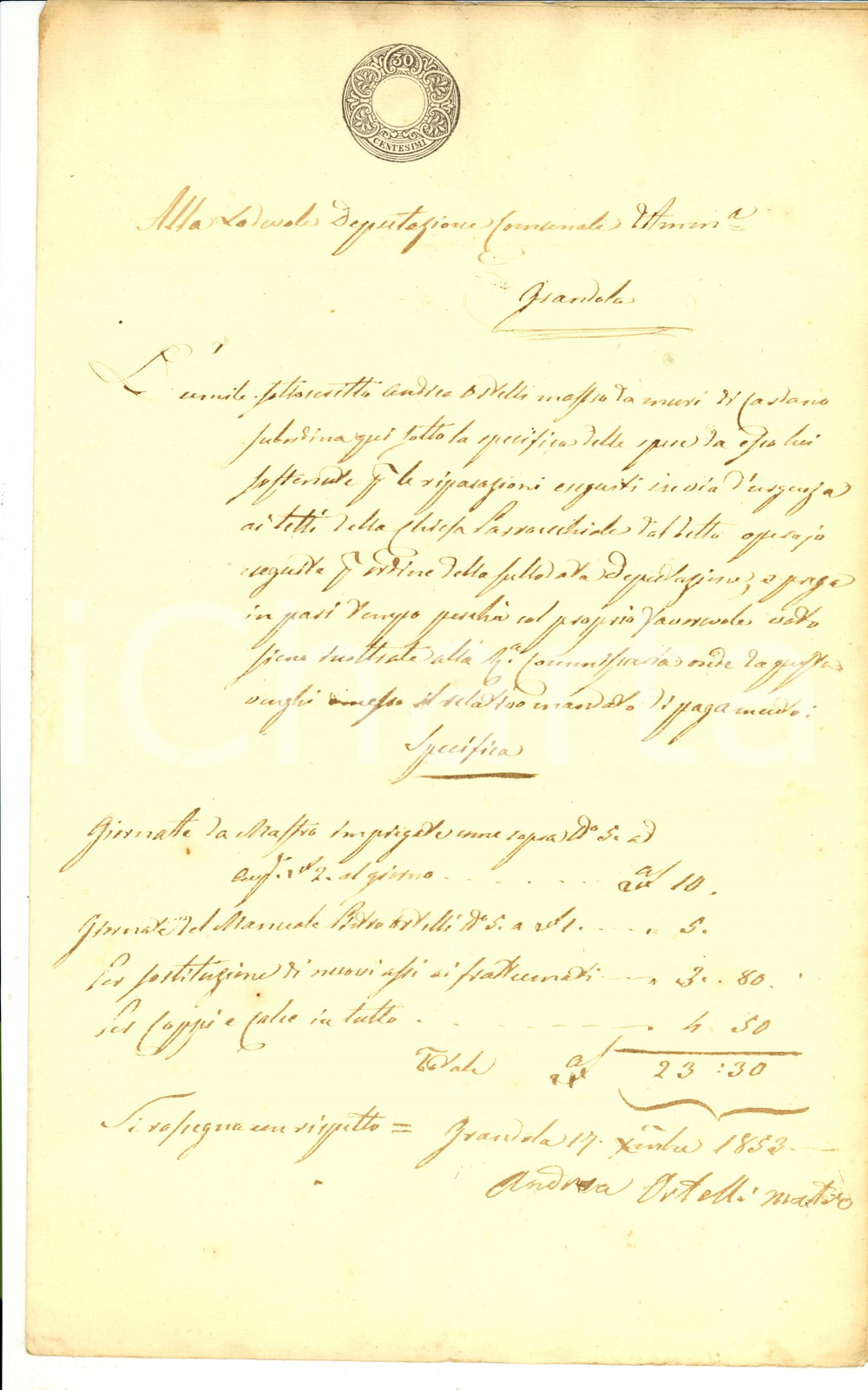 Documento originale, autentico 1853 GRANDOLA ED UNITI (CO) Andrea ORTELLI restaura chiesa parrocchiale 1