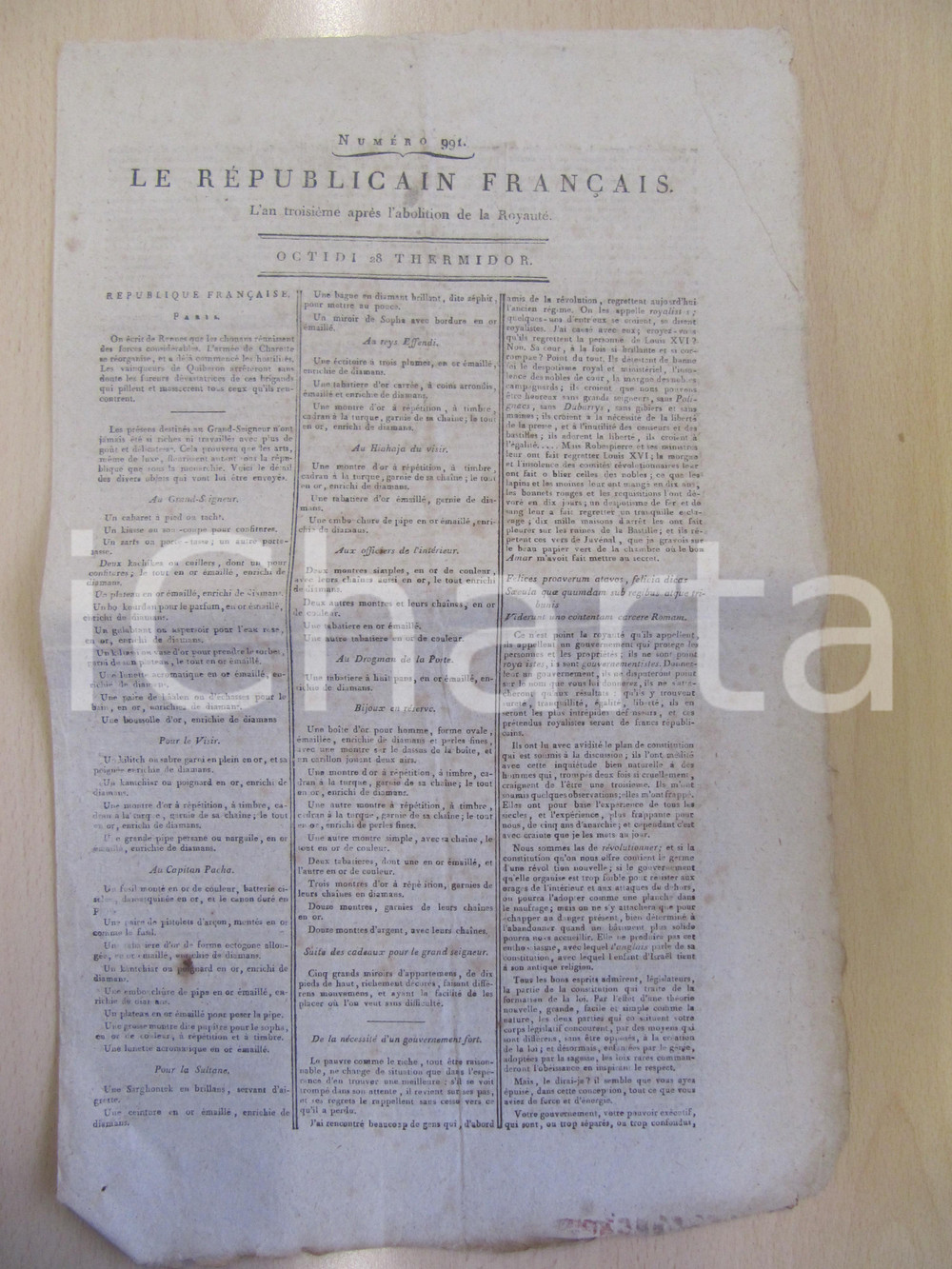 Giornale, rivista storica 1795 LE REPUBLICAIN FRANCAIS Gazette REVOLUTION N° 991 Regali al Visir 1