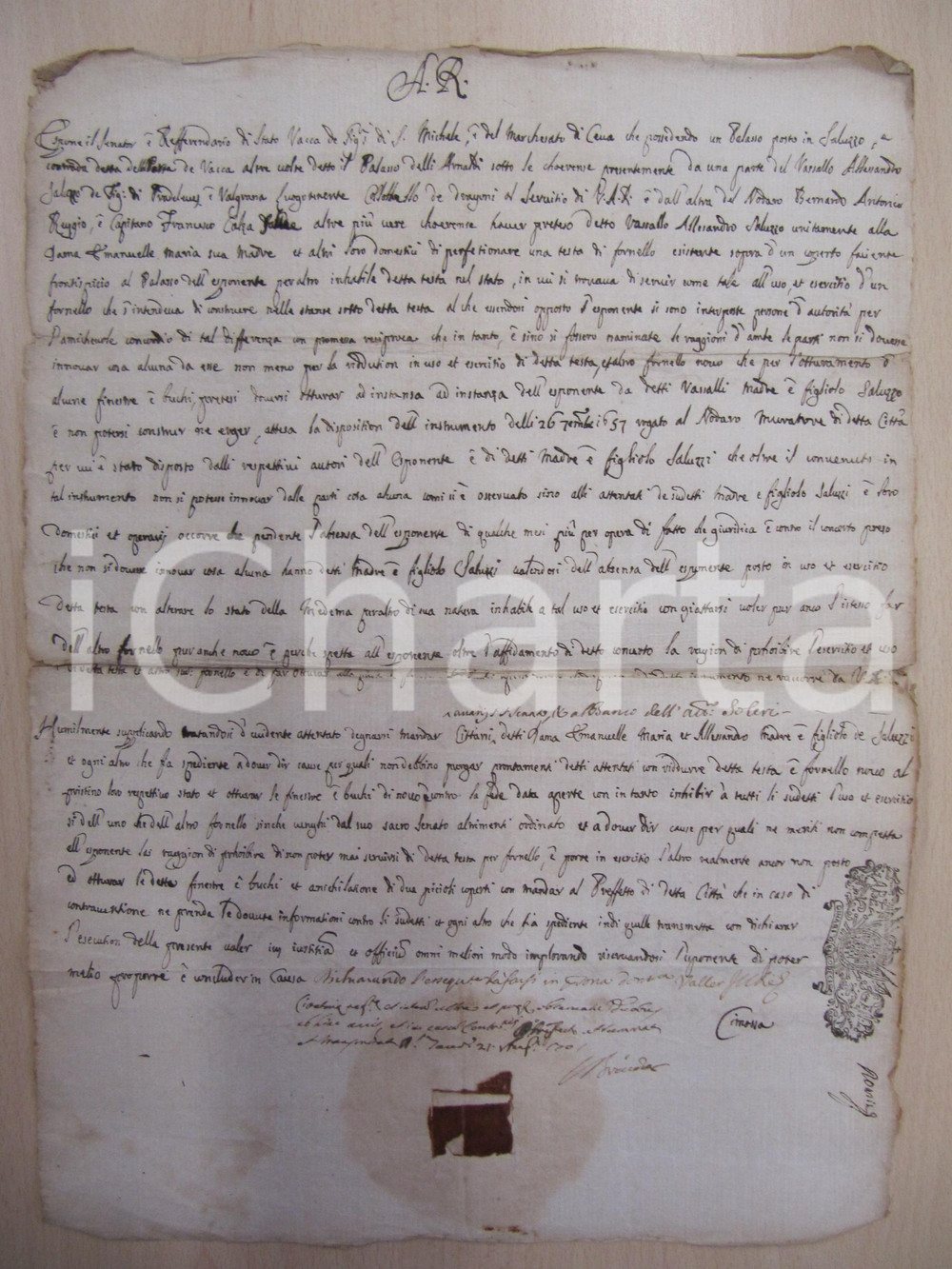 Documento originale, autentico 1700 SALUZZO Francesco Matteo VACCA DI SAN MICHELE infastidito da un fornello 1