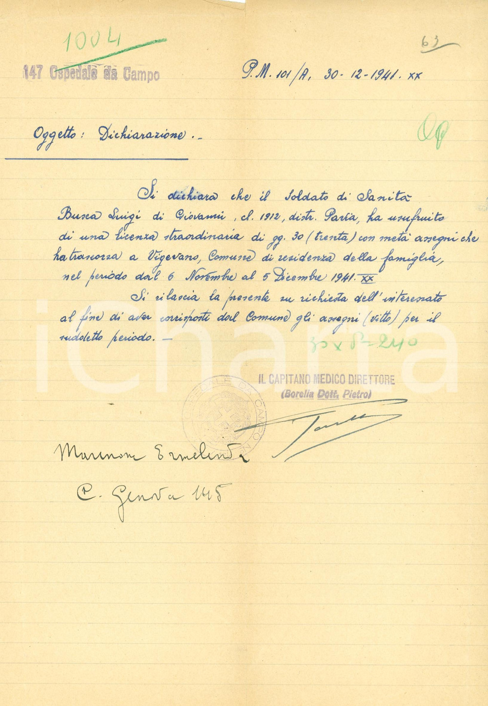 Documento originale, autentico 1941 VIGEVANO (PV) WW2 147 ospedale da Campo Soldato Luigi BUSCA in licenza 1
