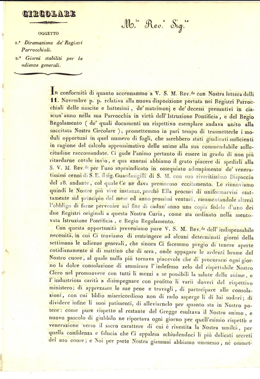 Documento originale, autentico 1837 ACQUI TERME Vescovo oppresso limita giorni di udienza generale *Lettera 1