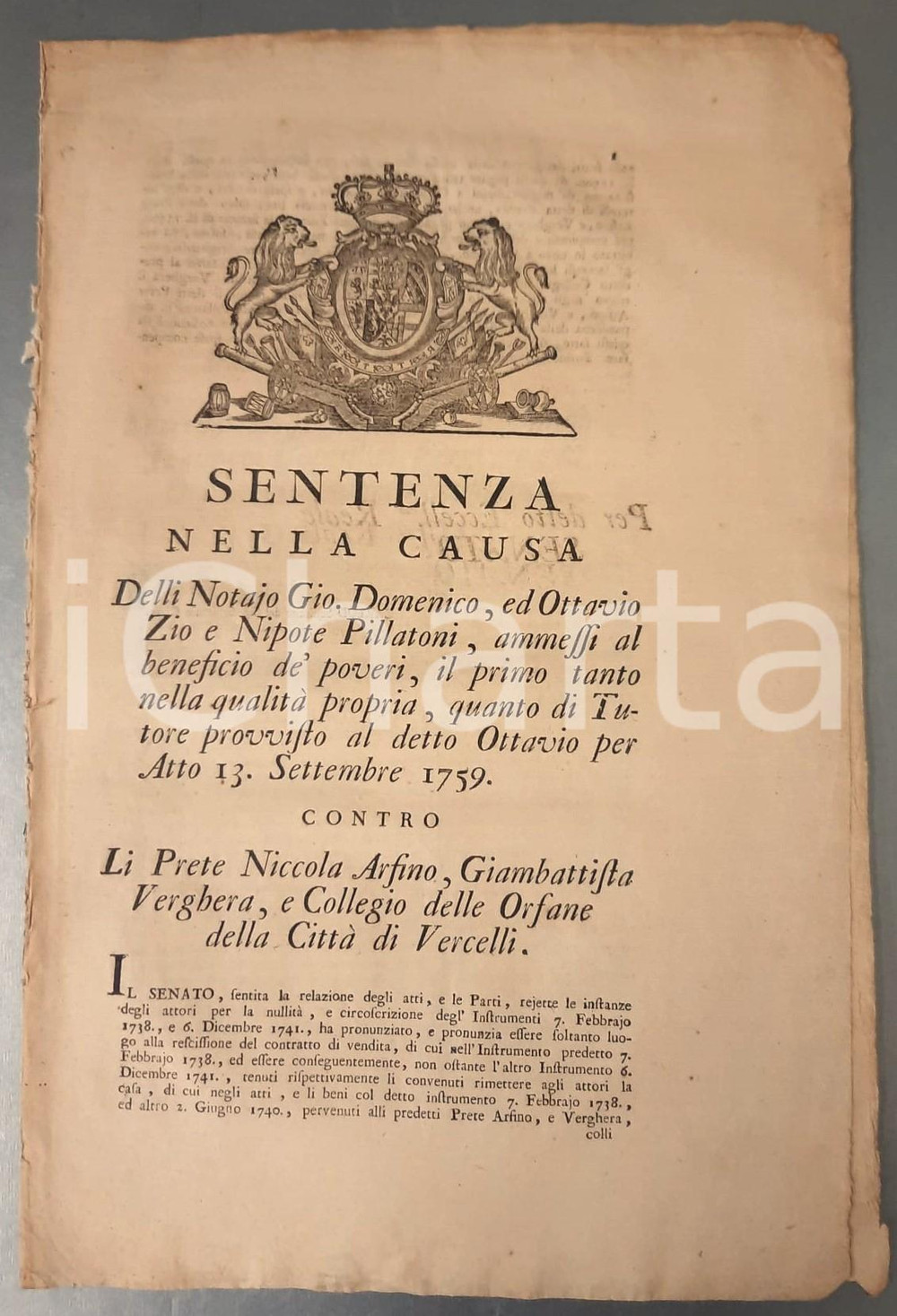 Documento originale, autentico 1765 VERCELLI Ottavio PILLATONI vs prete Nicola ARSINO e Collegio delle Orfane 1