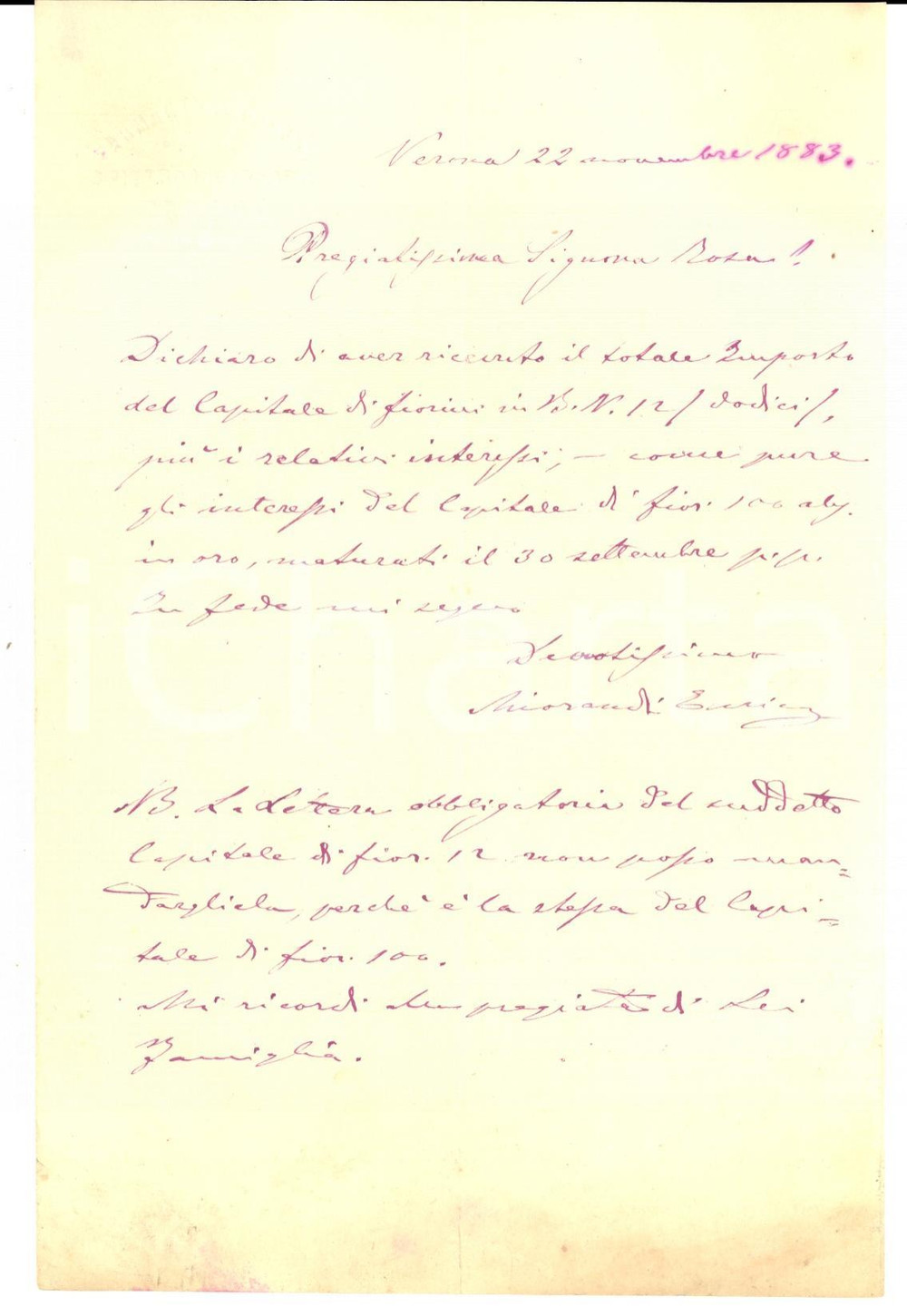 Documento originale, autentico 1883 VERONA SAN PIETRO INCARNARIO Ricevuta farmacia Enrico MORANDI 1
