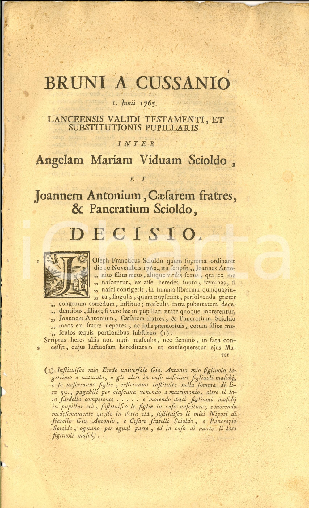 Documento originale, autentico 1765 TORINO Lite su fedecommesso famiglia Giuseppe Francesco SCIOLDO 1