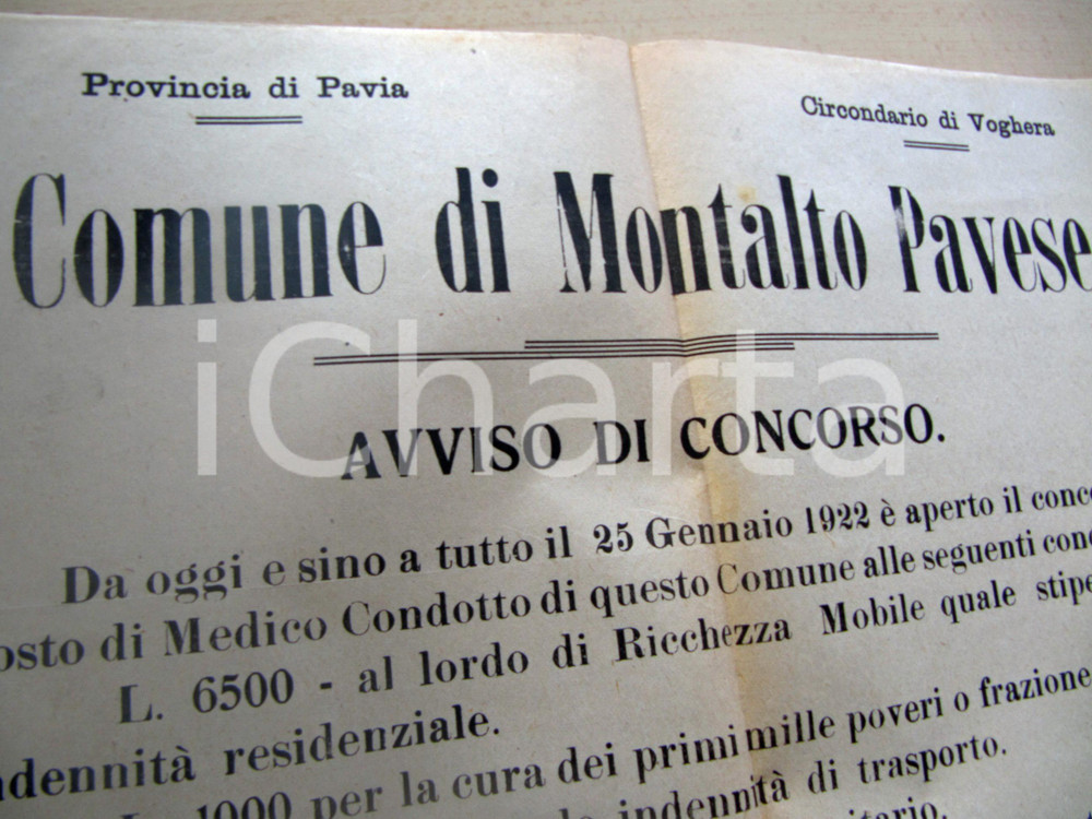 Documento originale, autentico 1921 MONTALTO PAVESE (PV) Concorso per medico condotto MANIFESTO 1