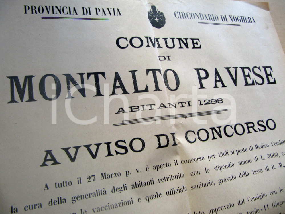 Documento originale, autentico 1910 MONTALTO PAVESE (PV) Concorso per medico condotto ^MANIFESTO 1