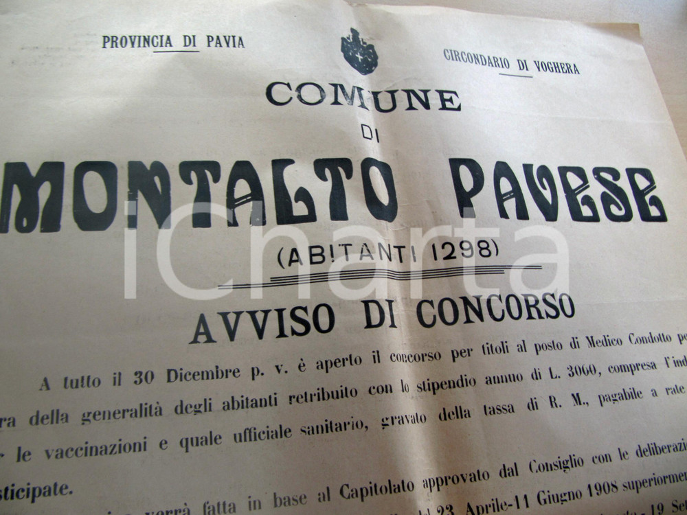 Documento originale, autentico 1909 MONTALTO PAVESE (PV) Concorso medico condotto - MANIFESTO 1