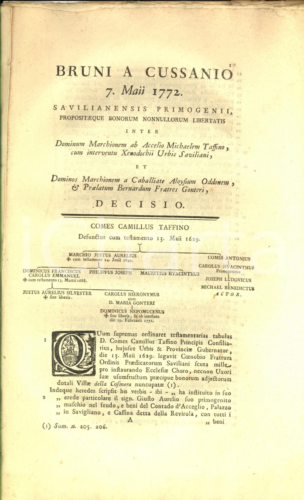 Documento originale, autentico 1772 SAVIGLIANO CN Primogenitura per eredità Camillo TAFFINI D ACCEGLIO 1