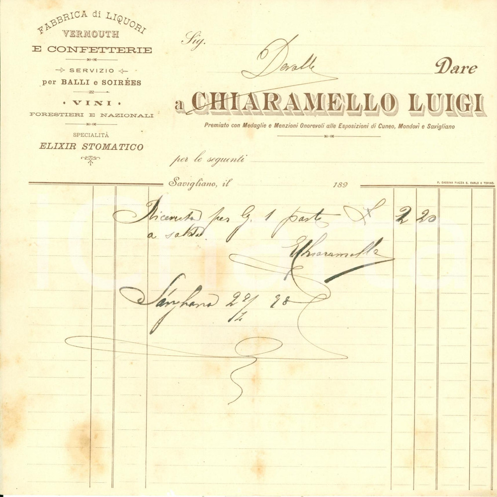 Documento originale, autentico 1898 SAVIGLIANO CN Luigi CHIARAMELLO liquori vermouth elixir stomatico Fattura 1