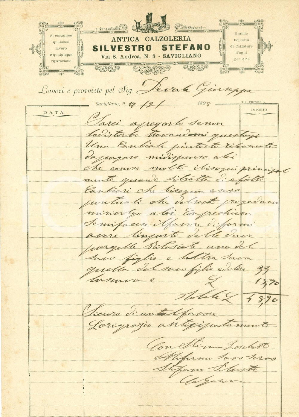 Documento originale, autentico 1898 SAVIGLIANO CN Stefano SILVESTRO Antica Calzoleria sollecita pagamento 1