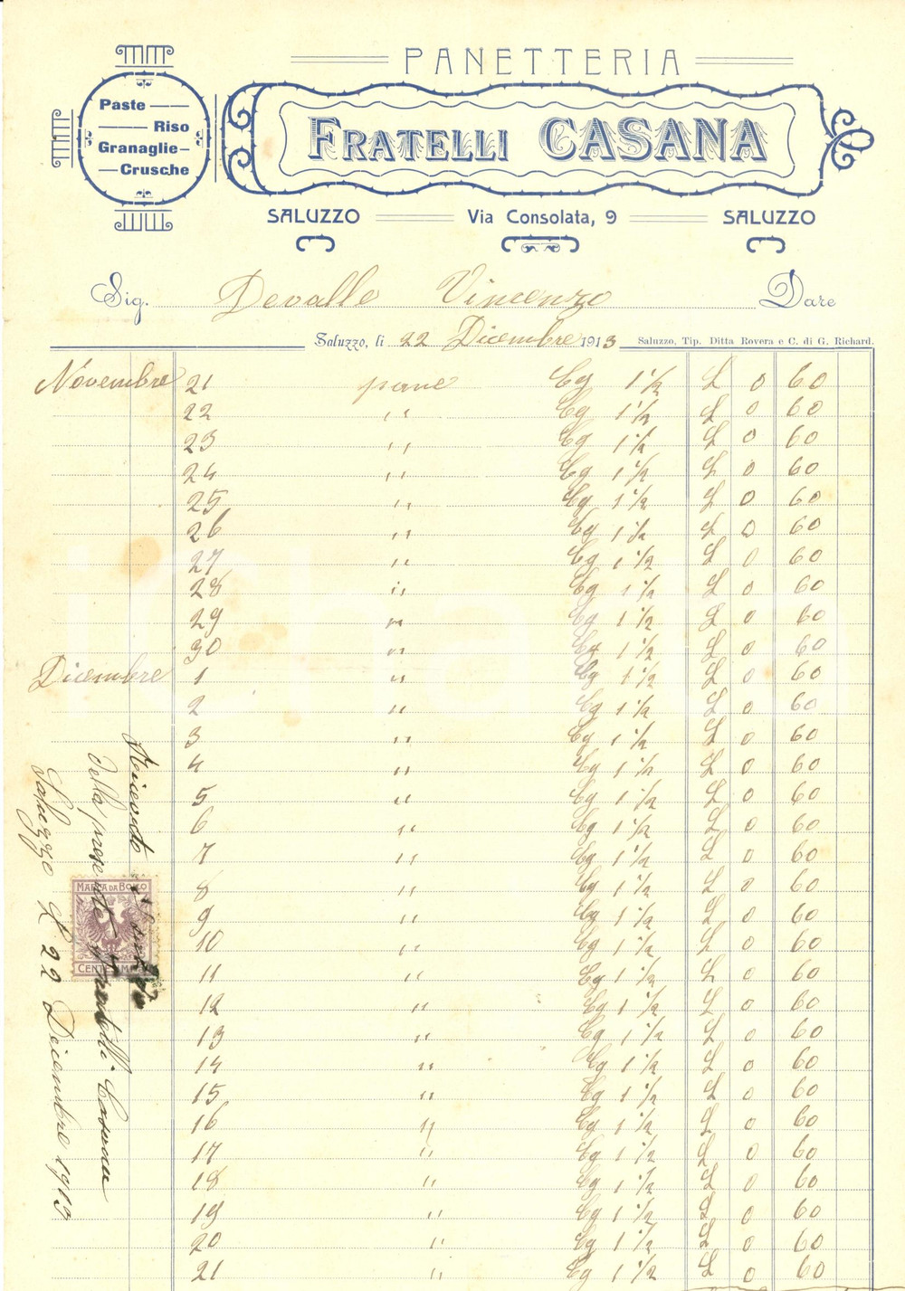Documento originale, autentico 1913 SALUZZO (CN) Panetteria Fratelli CASANA pasta granaglie Fattura commerciale 1