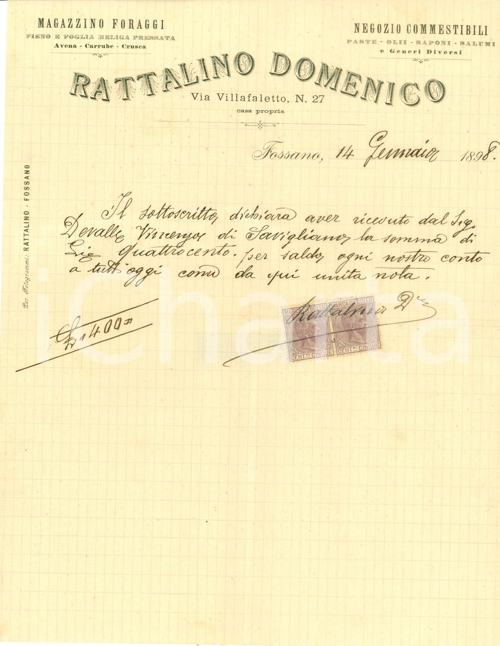 Documento originale, autentico 1898 FOSSANO Domenico RATTALINO foraggi e commestibili Lettera commerciale 1