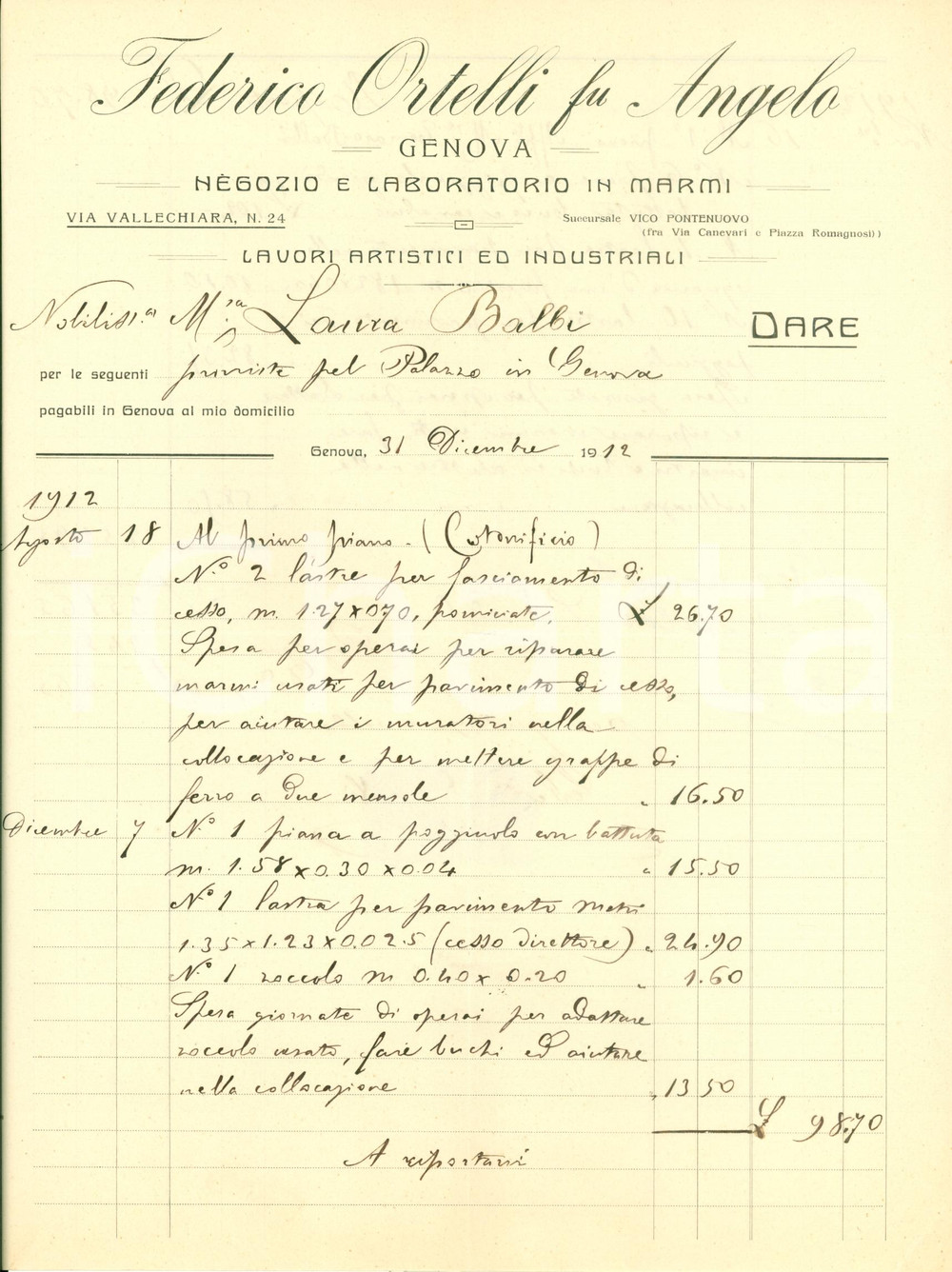 Documento originale, autentico 1912 GENOVA Conto Federico ORTELLI negozio marmi lavori a Palazzo BALBI Fattura 1