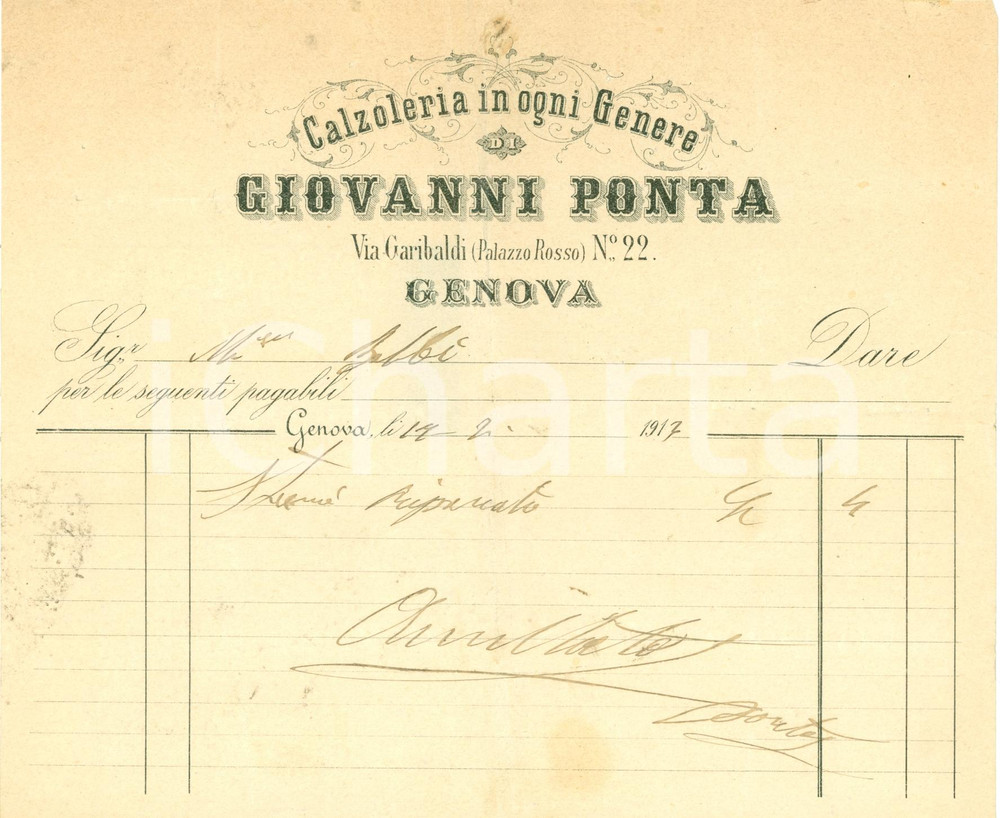 Documento originale, autentico 1914 GENOVA Giovanni PONTA Calzoleria in ogni genere ^Fattura DANNEGGIATA 1