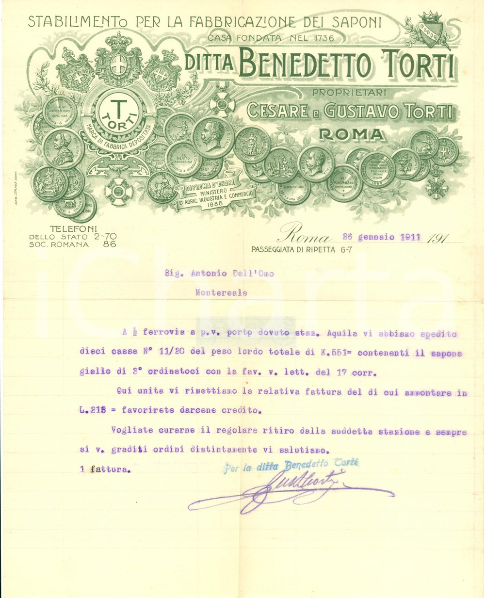 Documento originale, autentico 1911 ROMA Ditta Benedetto TORTI fabbricazione saponi Lettera commerciale 1