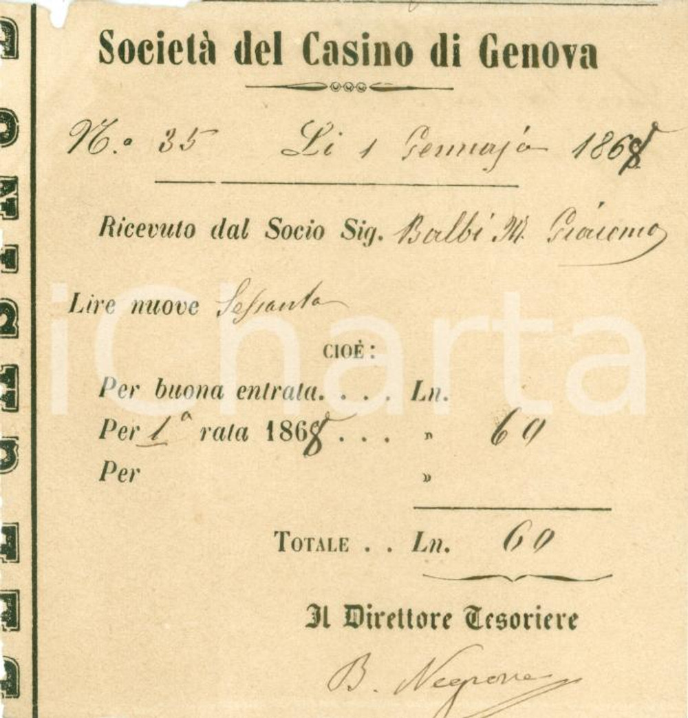 Documento originale, autentico 1868 GENOVA Marchese Giacomo BALBI paga quota SocietÃ  CASINO *Documento 1