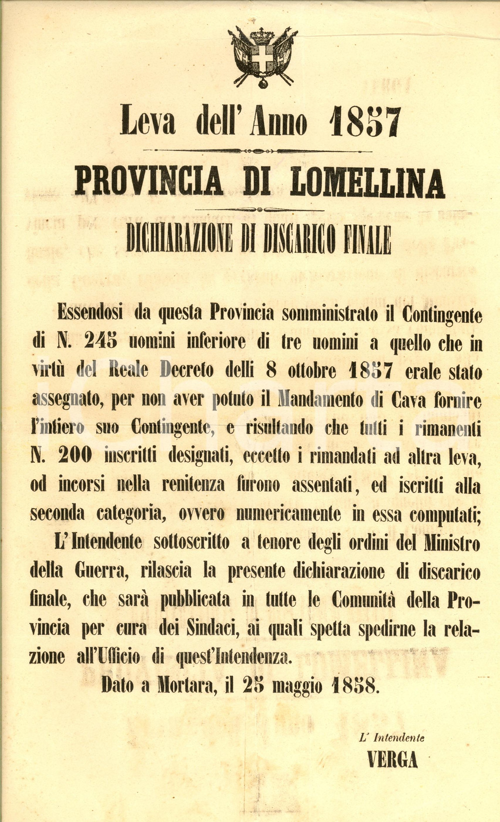 Documento originale, autentico 1858 MORTARA (PV) Provincia di LOMELLINA Discarico su leva del 1857 *Manifesto 1