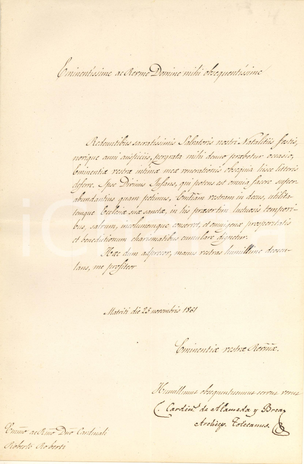 Autografo originale 1861 MADRID ES Auguri di Natale card. Cirillo DE ALAMEDA Y BREA AUTOGRAFO 1
