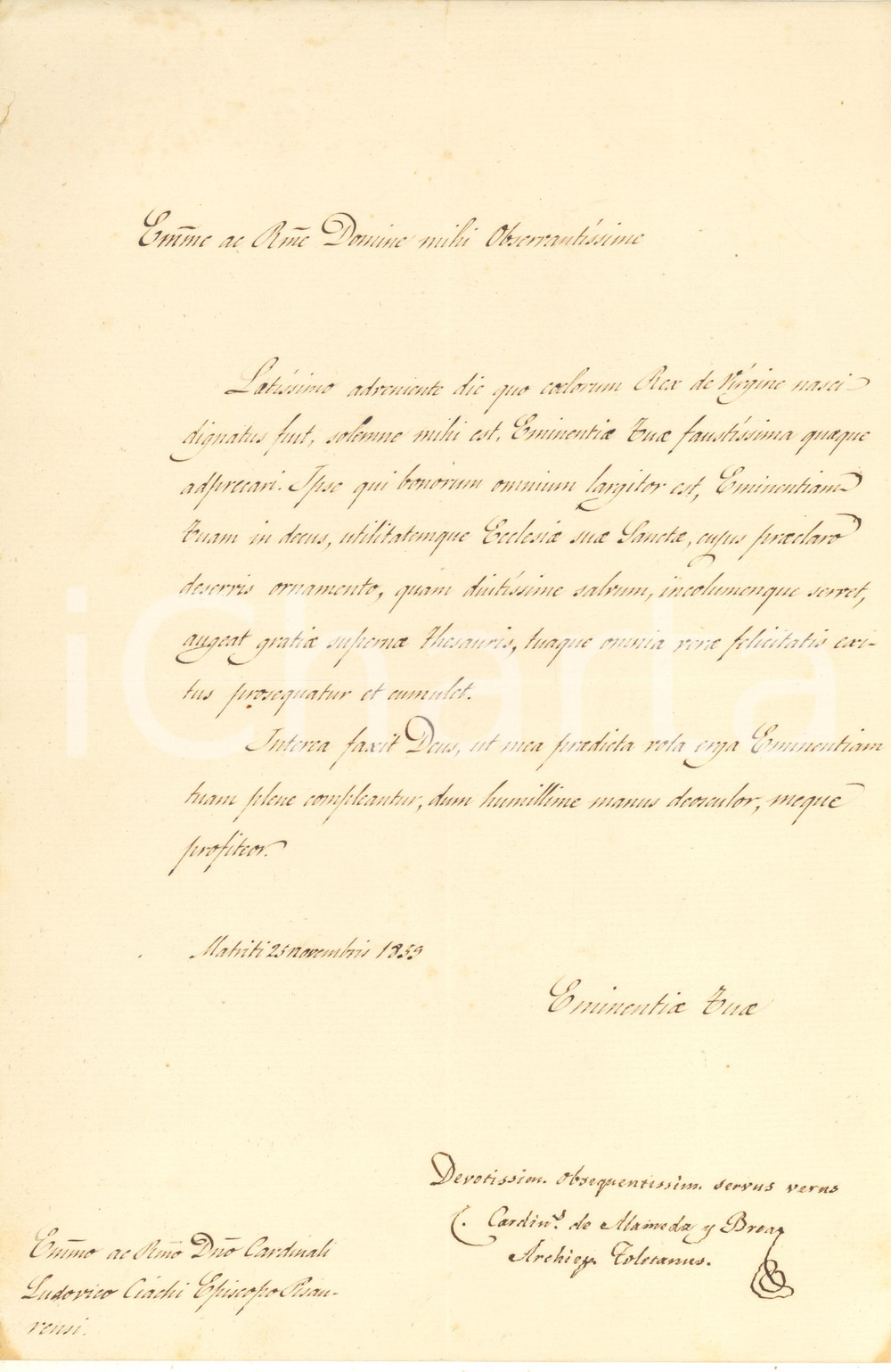 Autografo originale 1855 MADRID Auguri di Natale card. Cirillo DE ALAMEDA Y BREA AUTOGRAFO 1