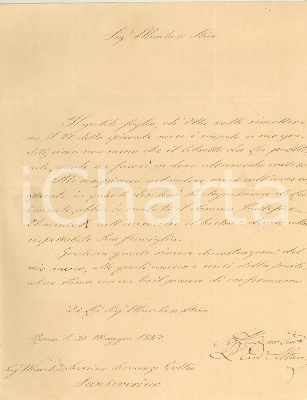 Autografo originale 1847 ROMA Card. Lodovico ALTIERI ringrazia per omaggio di un libretto AUTOGRAFO 1