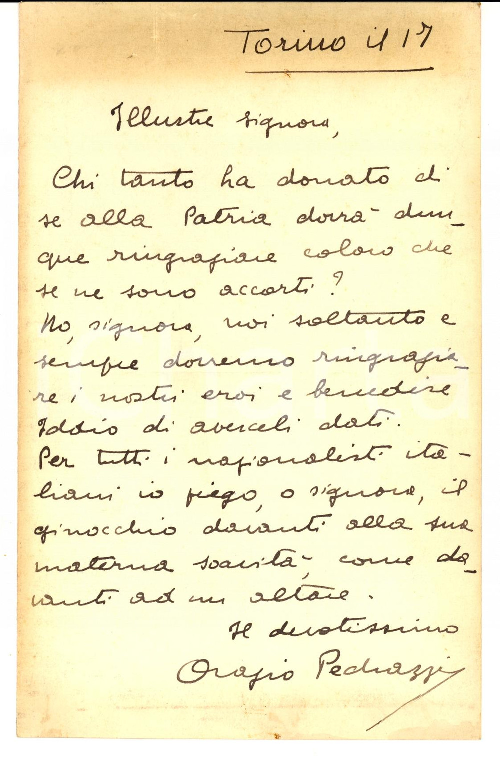 Autografo originale 1920 ca TORINO Orazio PEDRAZZI Noi dobbiamo ringraziare i nostri eroi *Autografo 1