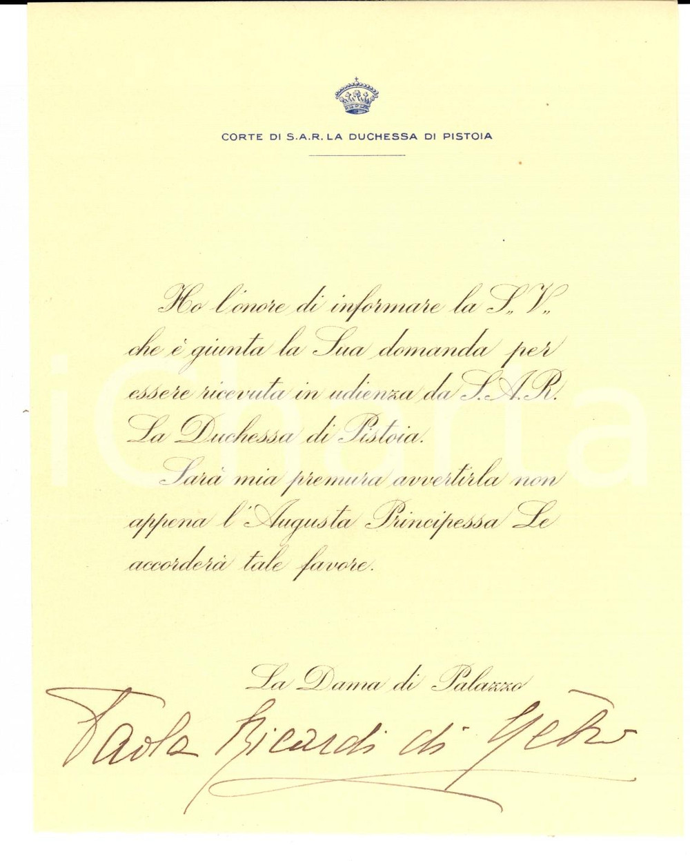 Autografo originale 1930 ca TORINO Paola RICARDI DI NETRO su udienza Duchessa di PISTOIA Autografo 1