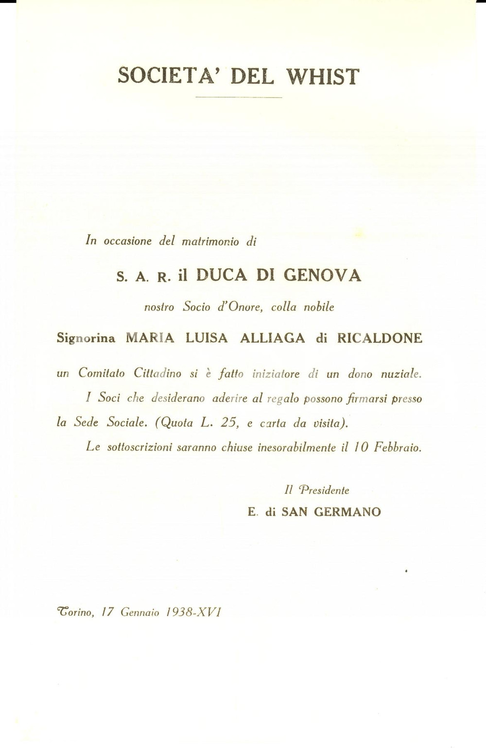 Manoscritto, lettera originale 1938 TORINO Società del WHIST  Dono di nozze a Ferdinando di SAVOIAGENOVA 1