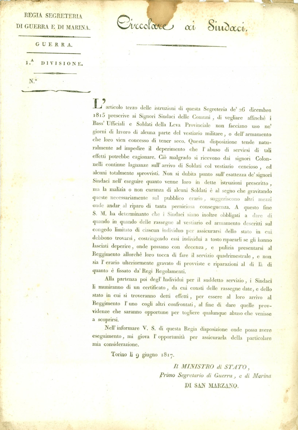 Documento originale, autentico 1817 TORINO Soldati che rovinano vestiario dovranno ripararlo da soli *Documento 1
