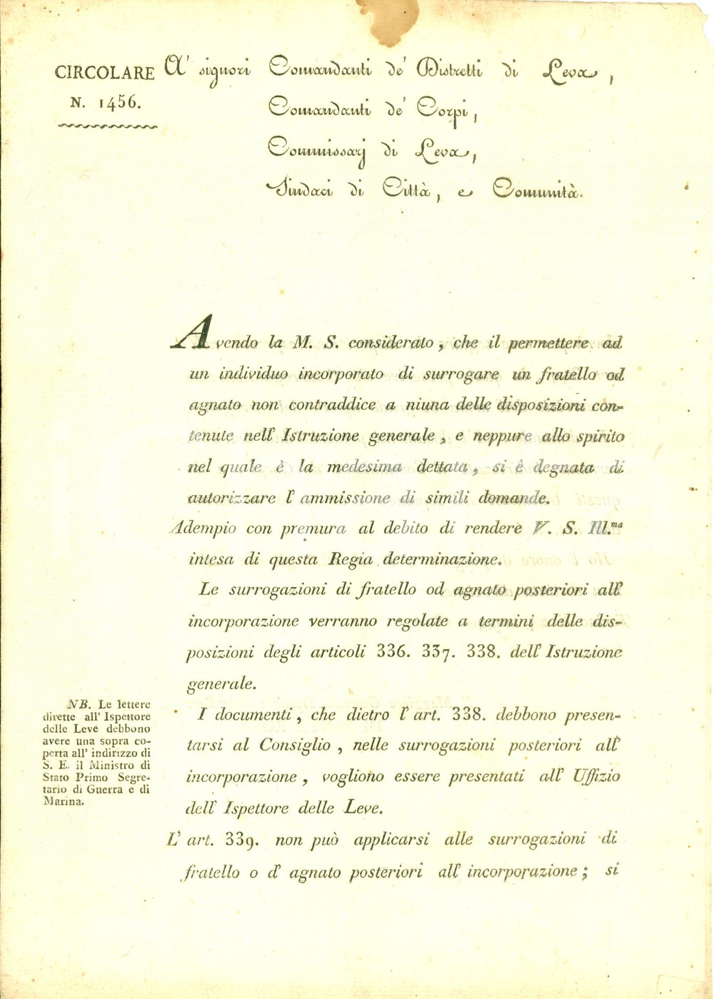 Documento originale, autentico 1817 TORINO A un soldato arruolato può subentrare il fratello *Documento 1