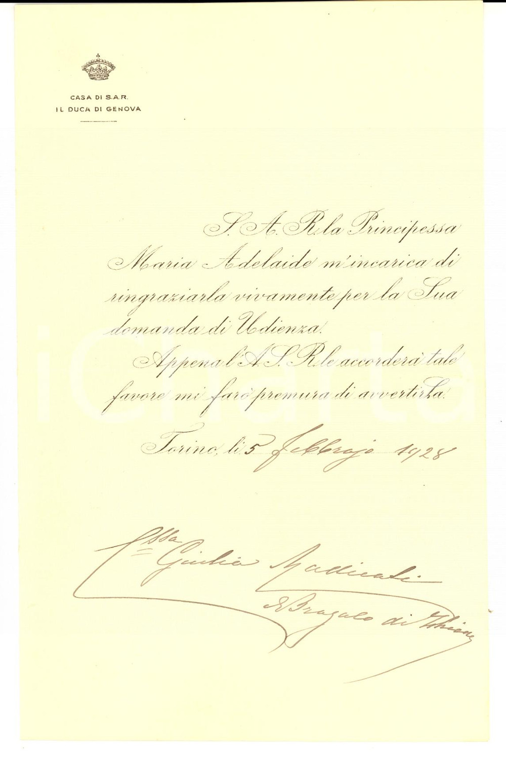 Autografo originale 1928 TORINO Contessa Giulia RADICATI DI BROZOLO  Udienza Adelaide di SAVOIA 1