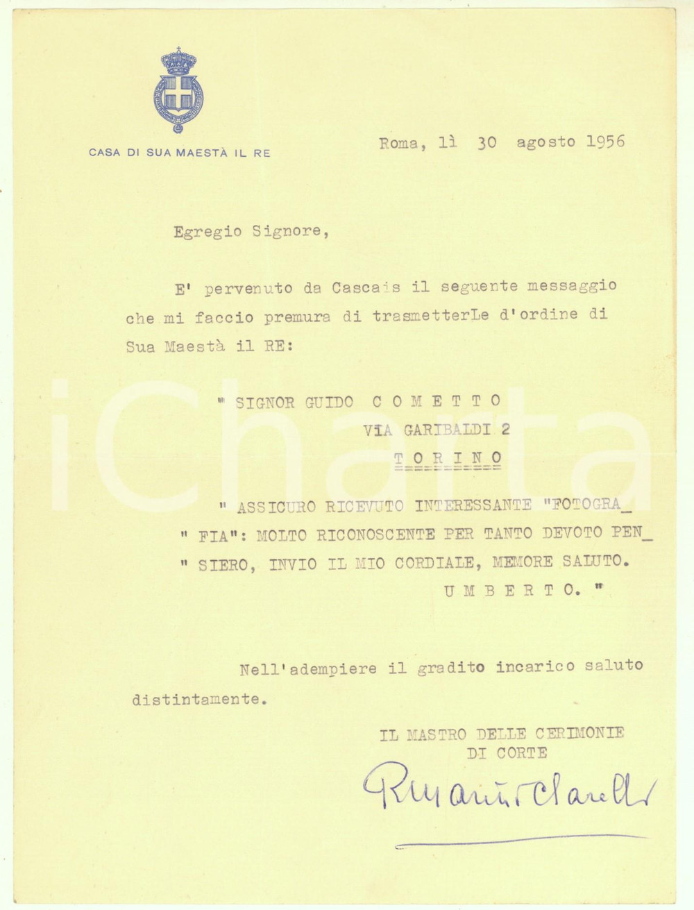 Autografo originale 1956 ROMA Marchese Rutilio MARINI CLARELLI ringrazia a nome di UMBERTO II 1