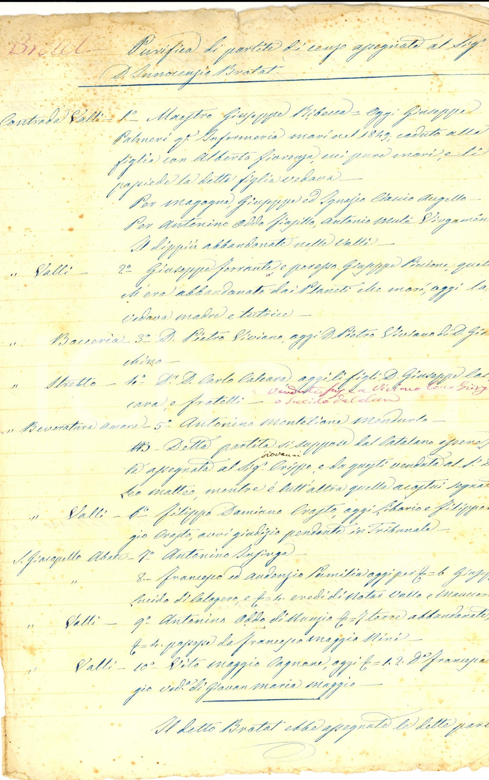 Documento originale, autentico 1845 PALERMO Partite censo marchese d ALTAVILLA a Innocenzo BROTAT Manoscritto 1