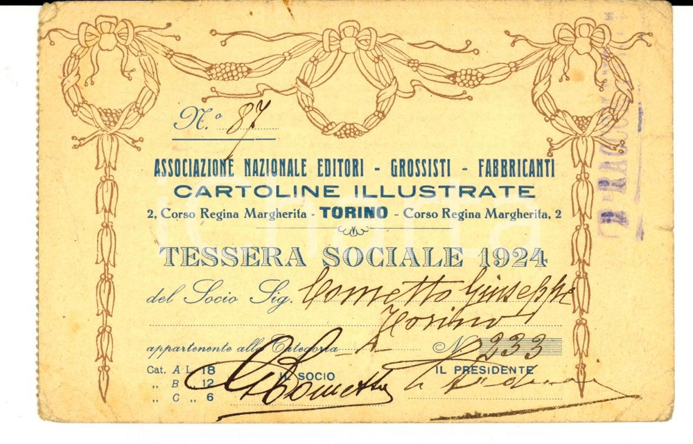 Oggetto da collezione cartaceo 1924 TORINO Tessera Associazione Nazionale Editori di cartoline illustrate 1