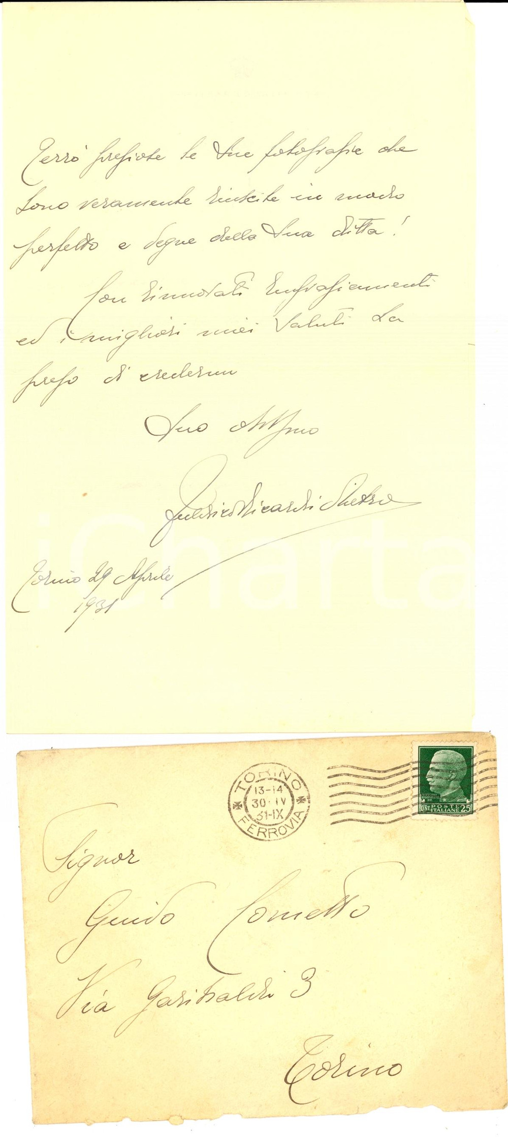 Autografo originale 1931 TORINO Conte Federico RICARDI DI NETRO su invio fotografie Autografo 1