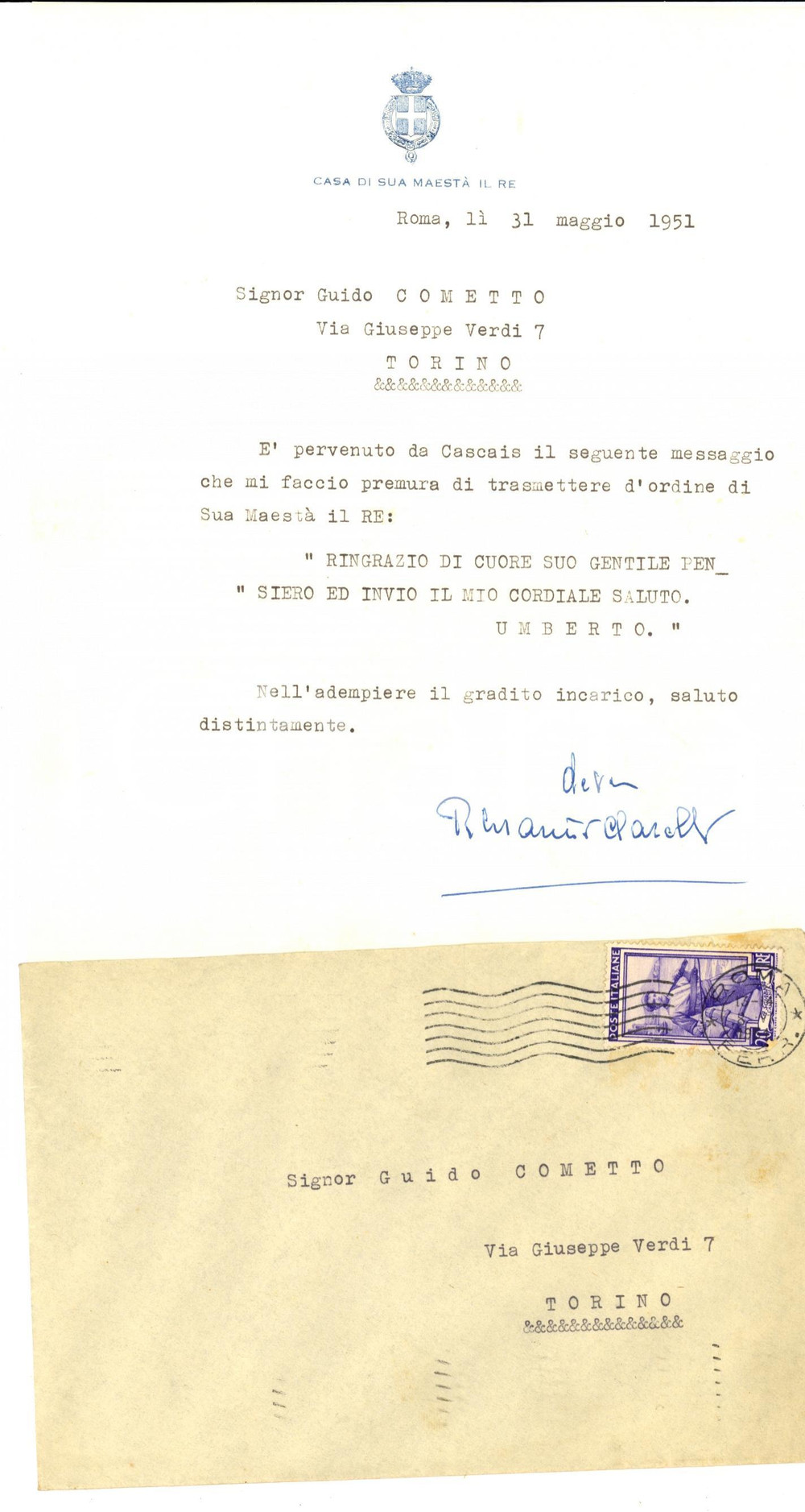Autografo originale 1951 ROMA Marchese Rutilio MARINI CLARELLI ringrazia a nome di UMBERTO II 1