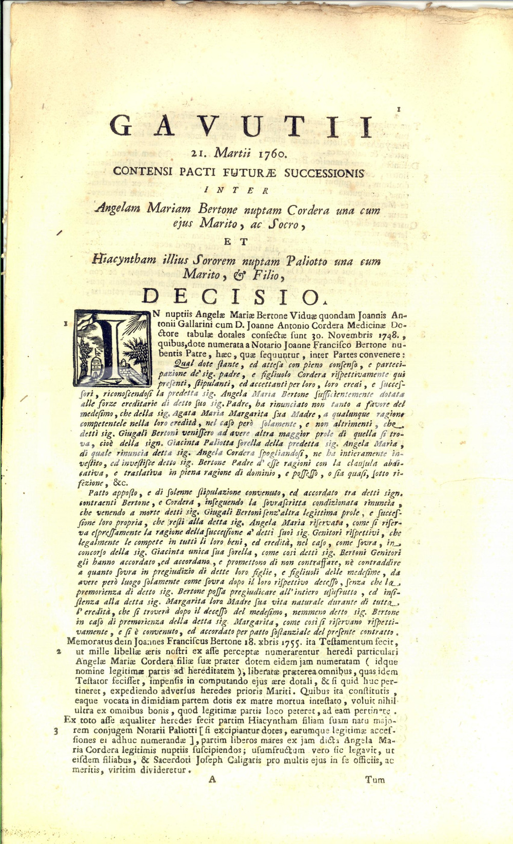 Documento originale, autentico 1760 TORINO Accordo su eredità sorelle Angela Maria e Giacinta BERTONE 1