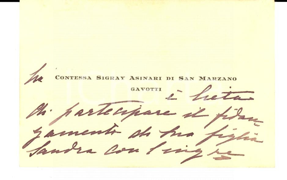 Autografo originale 1950 ca TORINO Biglietto Lyta GAVOTTI SIGRAY DI SAN MARZANO Autografo 1