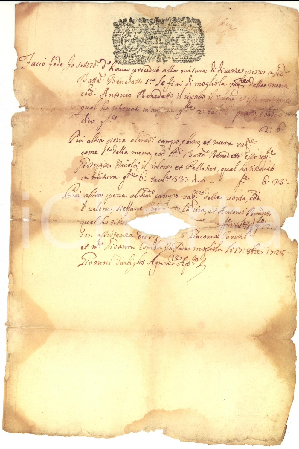 Documento originale, autentico 1728 MOIOLA (CN) Perizia agrimensore Giovanni TURBIGLIO su campo e bosco 1