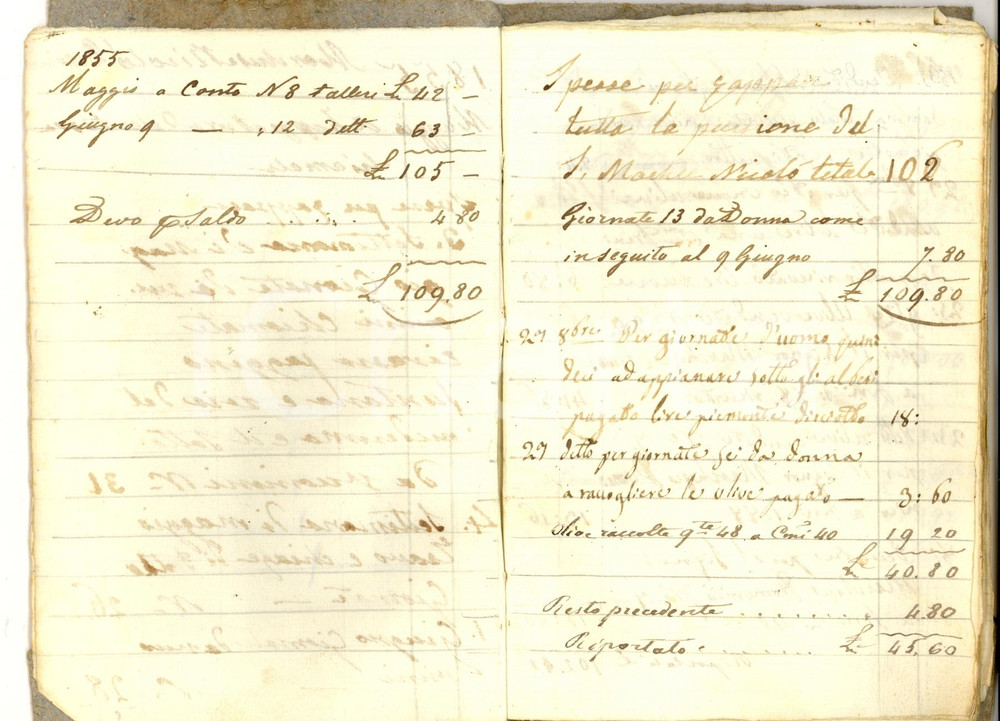 Documento originale, autentico 1855 DIANO SAN PIETRO (IM) Quaderno di un manente del marchese Nicolò de MARI 1