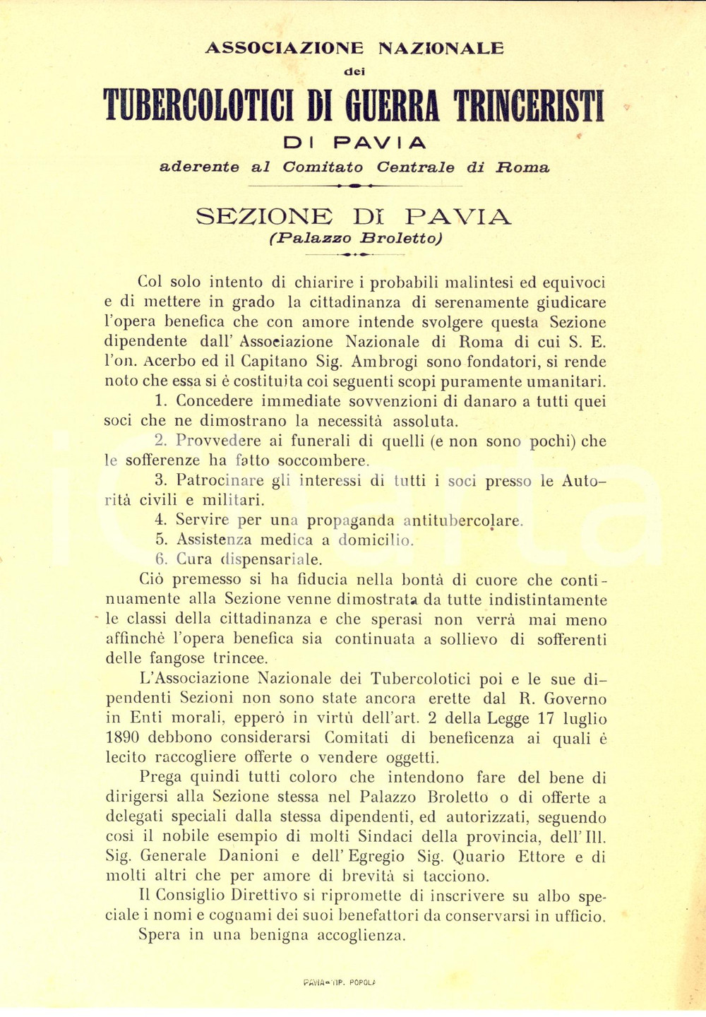 Documento originale, autentico 1924 PAVIA Finalità Associazione Nazionale TUBERCOLOTICI TRINCERISTI 1