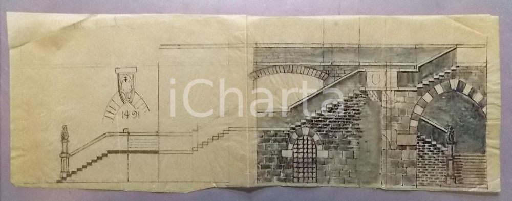 Stampa, bozzetto originale 1926 COMO Progetto Monumento ai Caduti  Collegamento al BROLETTO Acquerellato 1