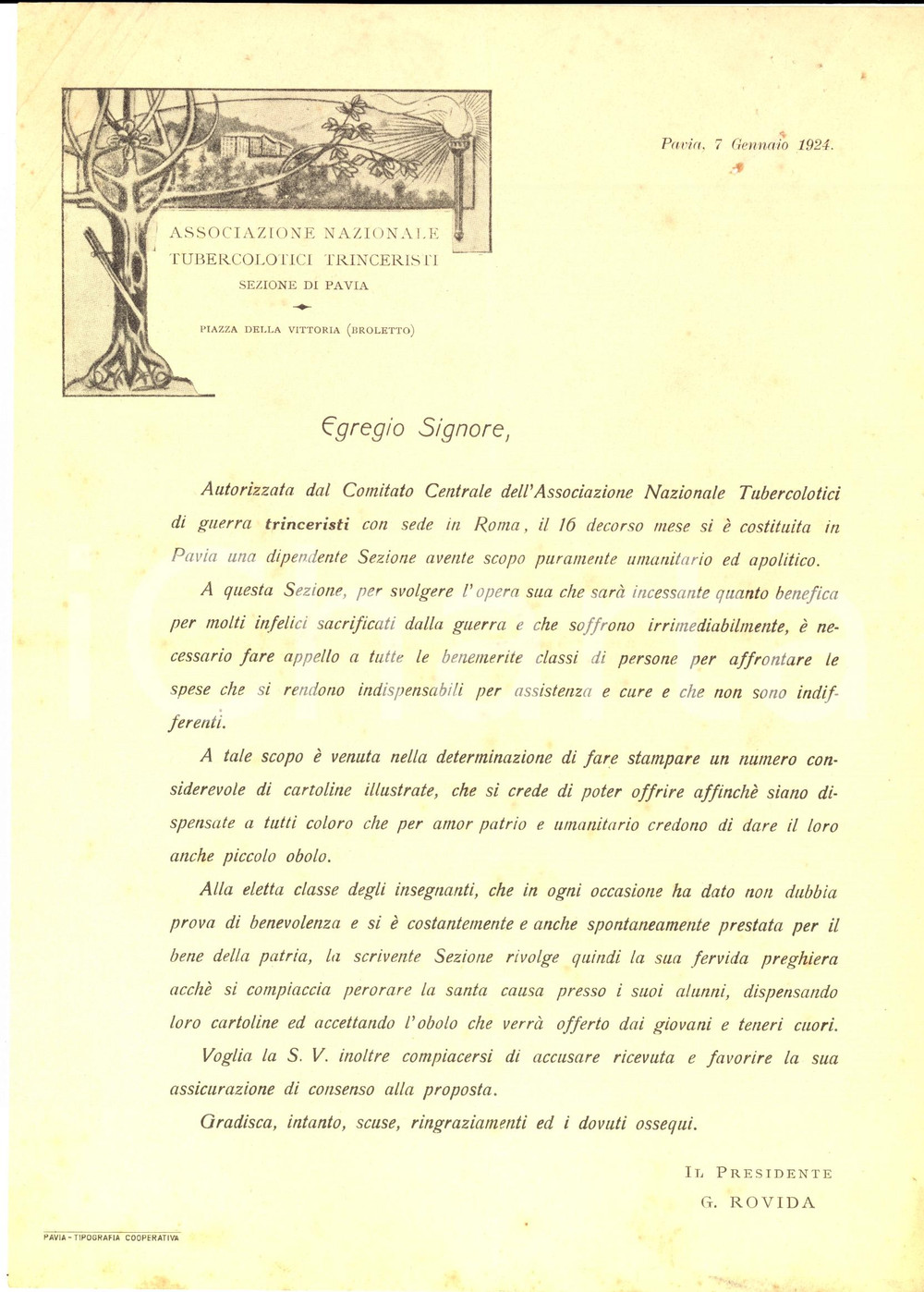Documento originale, autentico 1924 PAVIA Iniziative di beneficenza Associazione TUBERCOLOTICI TRINCERISTI 1