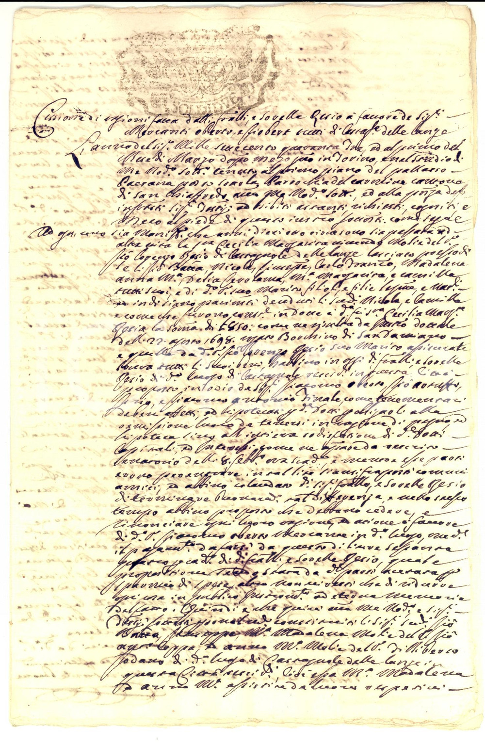 Documento originale, autentico 1743 CASTAGNOLE DELLE LANZE AT Cessione frutti su beni dotali Cecilia RESIO 1