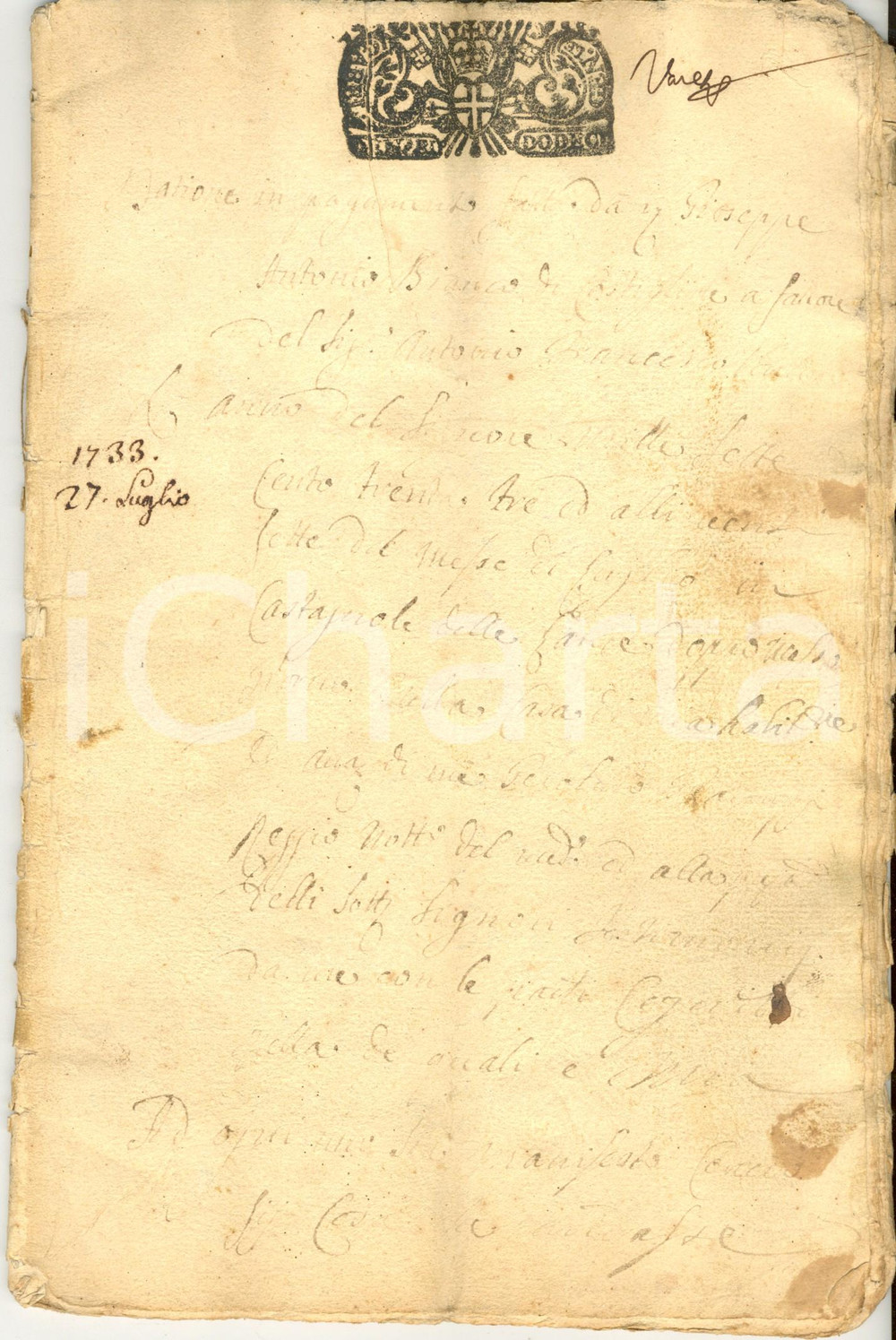 Documento originale, autentico 1733 COSTIGLIOLE D'ASTI Vendita vigneti ad Antonio Francesco PONCINO 36 pp. 1